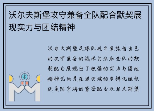 沃尔夫斯堡攻守兼备全队配合默契展现实力与团结精神